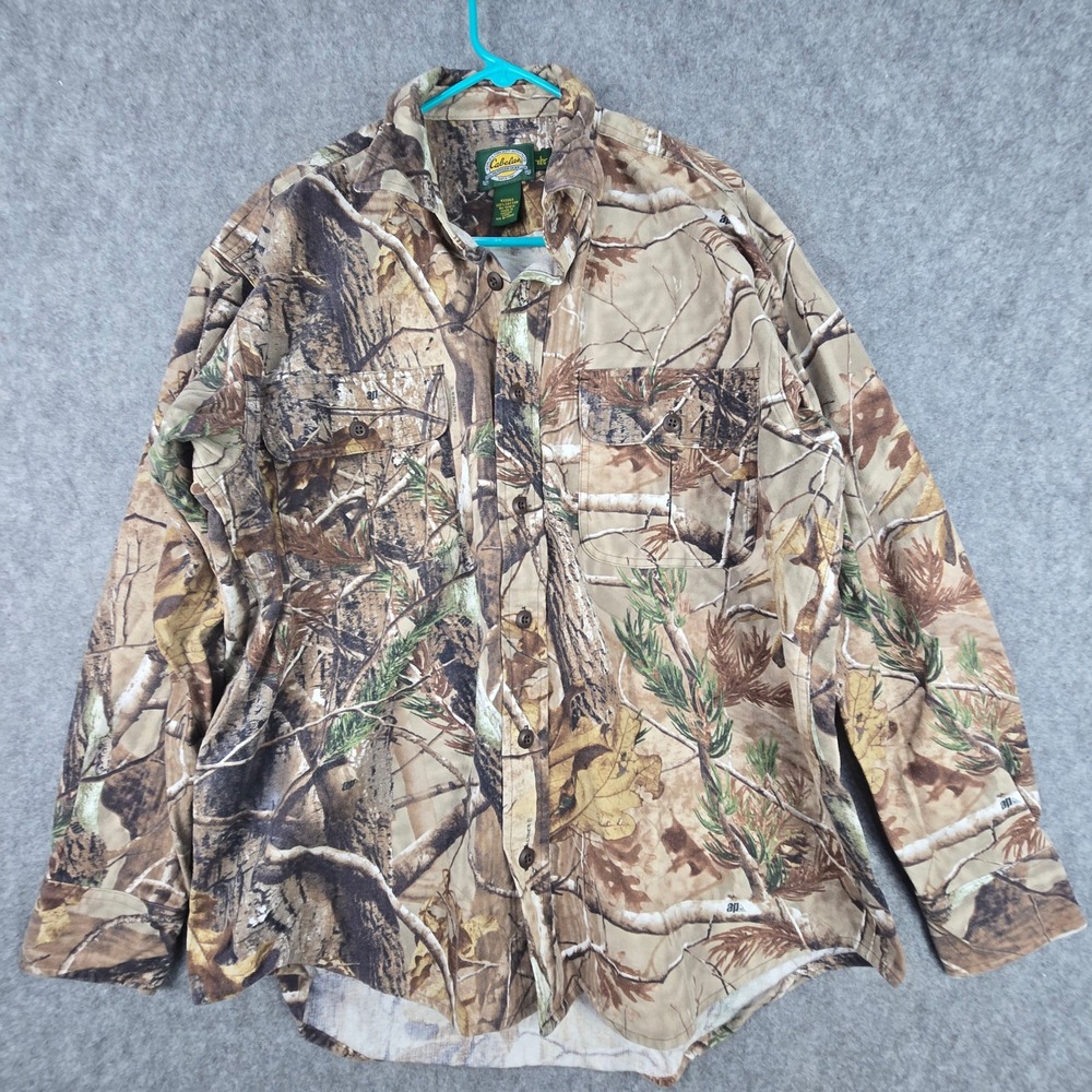 Cabelas Realtree AP Camo Shirt Mens L Cotton Hunting Button Up Long Sleeve